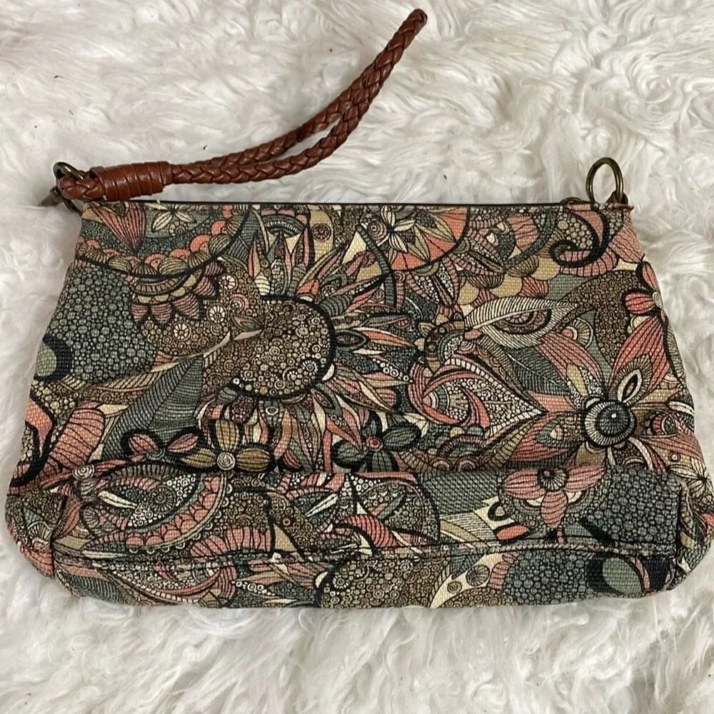 SAKROOTS Floral Wristlet Purse Handbag Braided Strap 10” W x 6 1/2”L